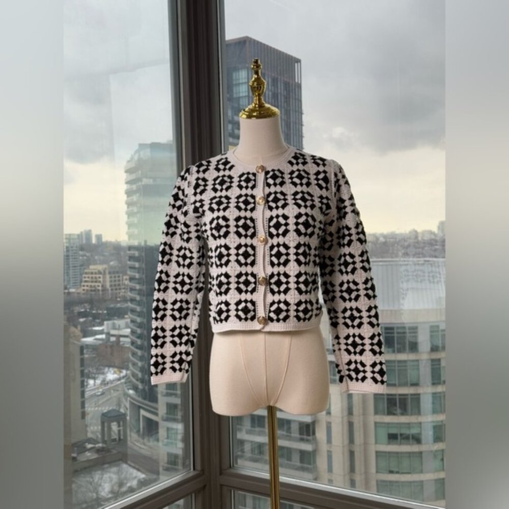 🆕 FARM Rio 🧿 NWT Patch Crochet Black & White Monochrome Button Up Jacket, Sz M - Picture 5 of 15